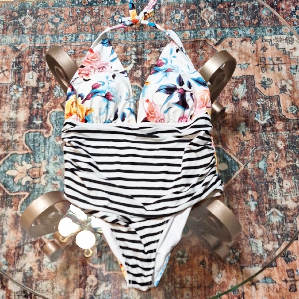 Floral and Striped One-Piece Swimsuit By Cupshe Sz 2x